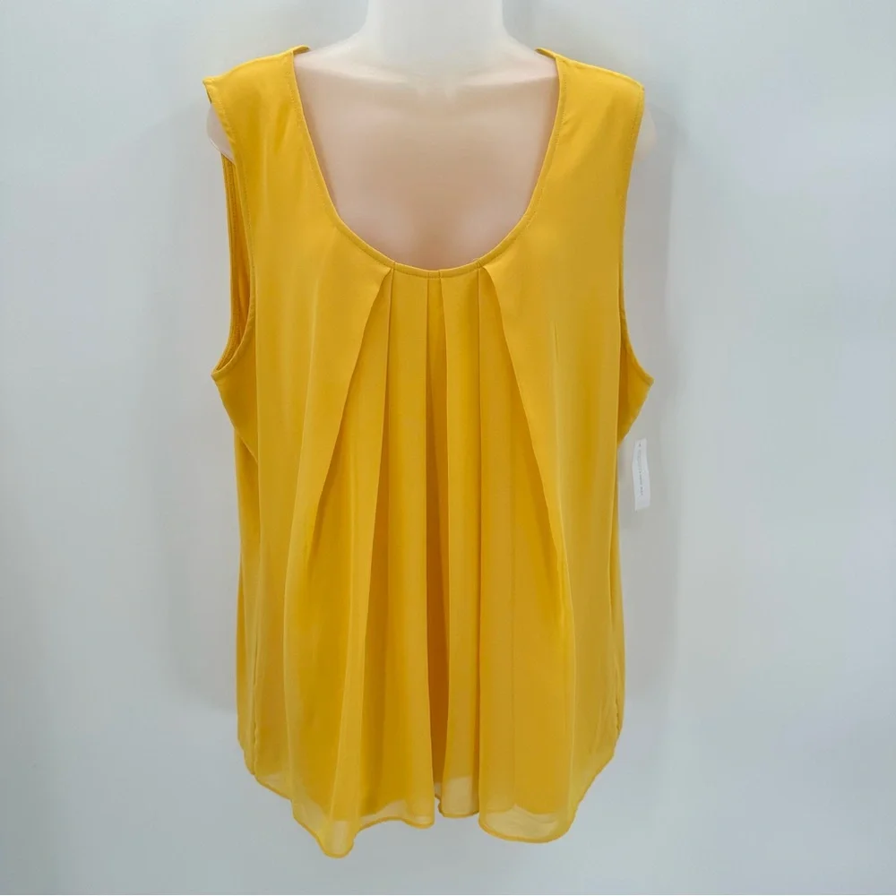 NWT NY&Co Tank Top XXL Yellow Pleated Chiffon Front Knit Back Sleeveless Career - Picture 1 of 9